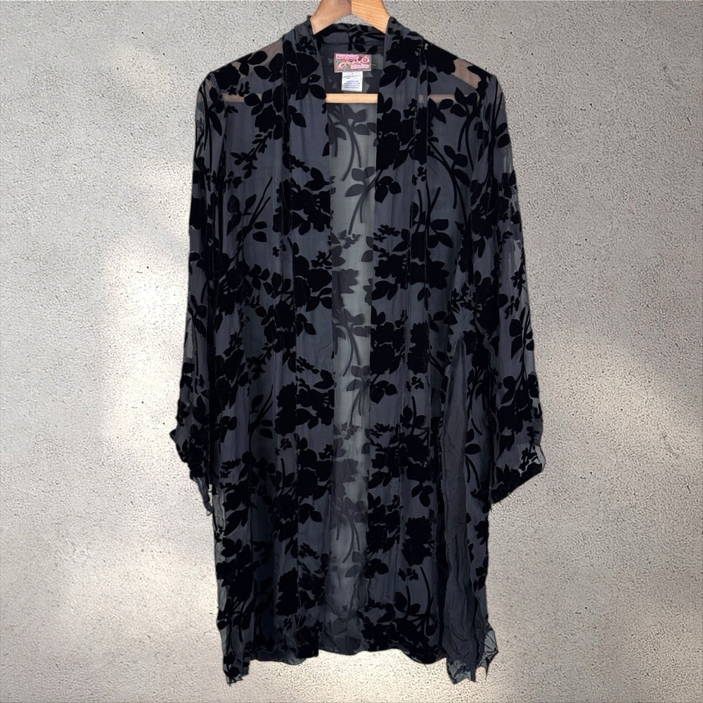 April‎ Cornell Velvet Burnout Floral Sheer Whimsigoth Fairy Silk Kimono Duster L